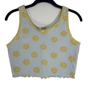 Messy Bun Just Chillin Cropped Tank Top Size M Blue Smiley Face Y2K Dopamine